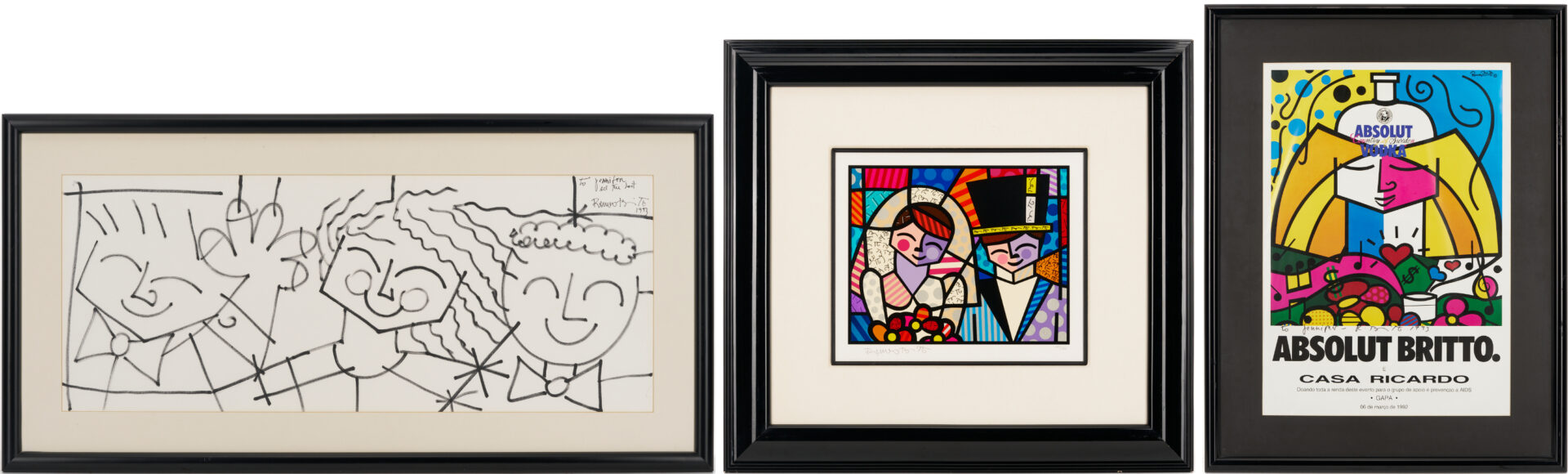 Lot 731: 3 Romero Britto Art Items: Drawing, Print and Pastel