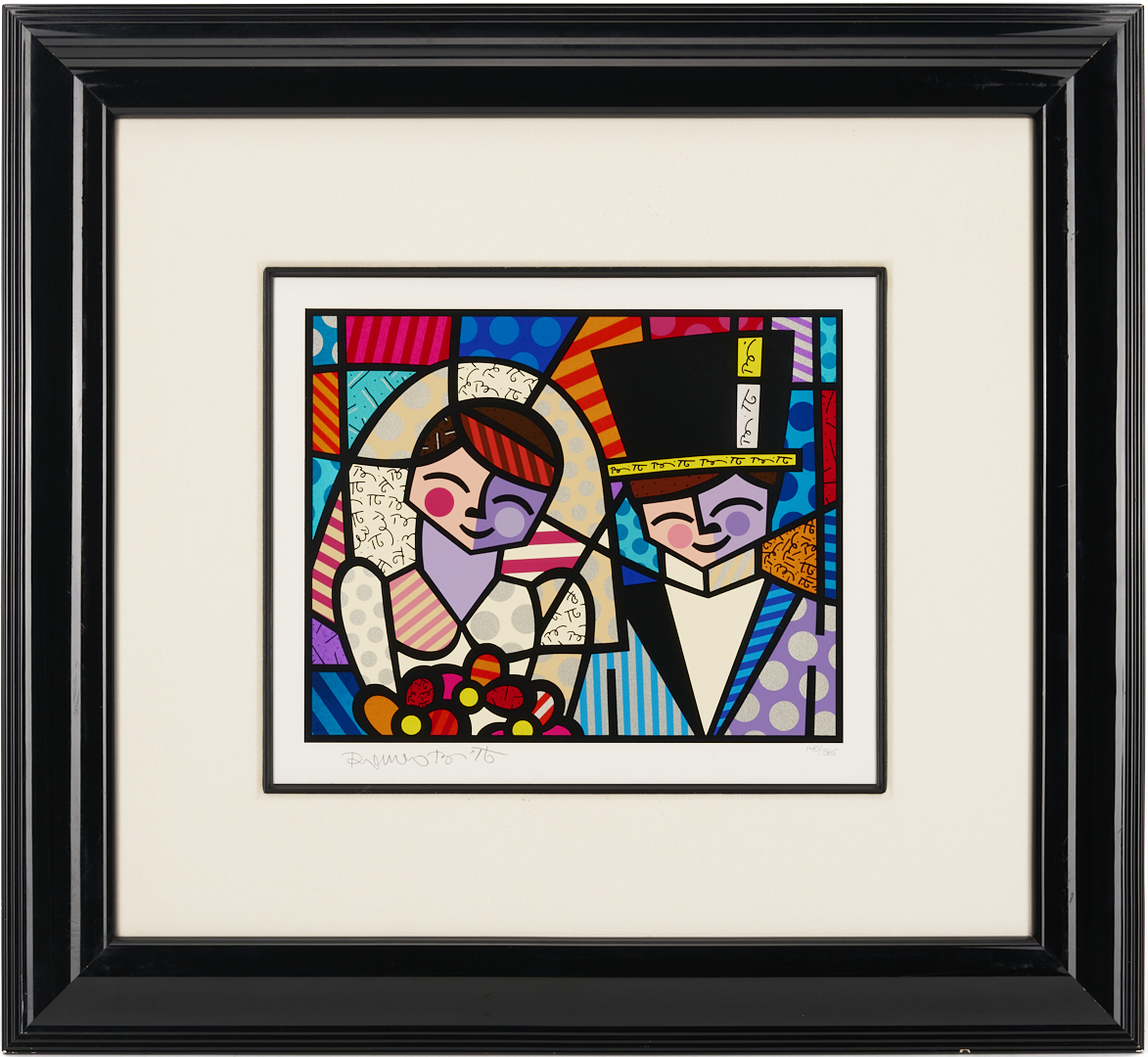 Lot 731: 3 Romero Britto Art Items: Drawing, Print and Pastel