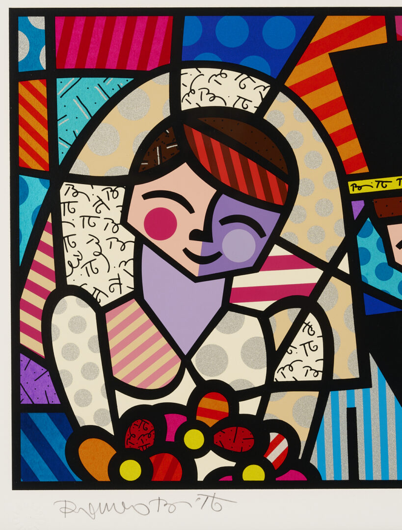 Lot 731: 3 Romero Britto Art Items: Drawing, Print and Pastel