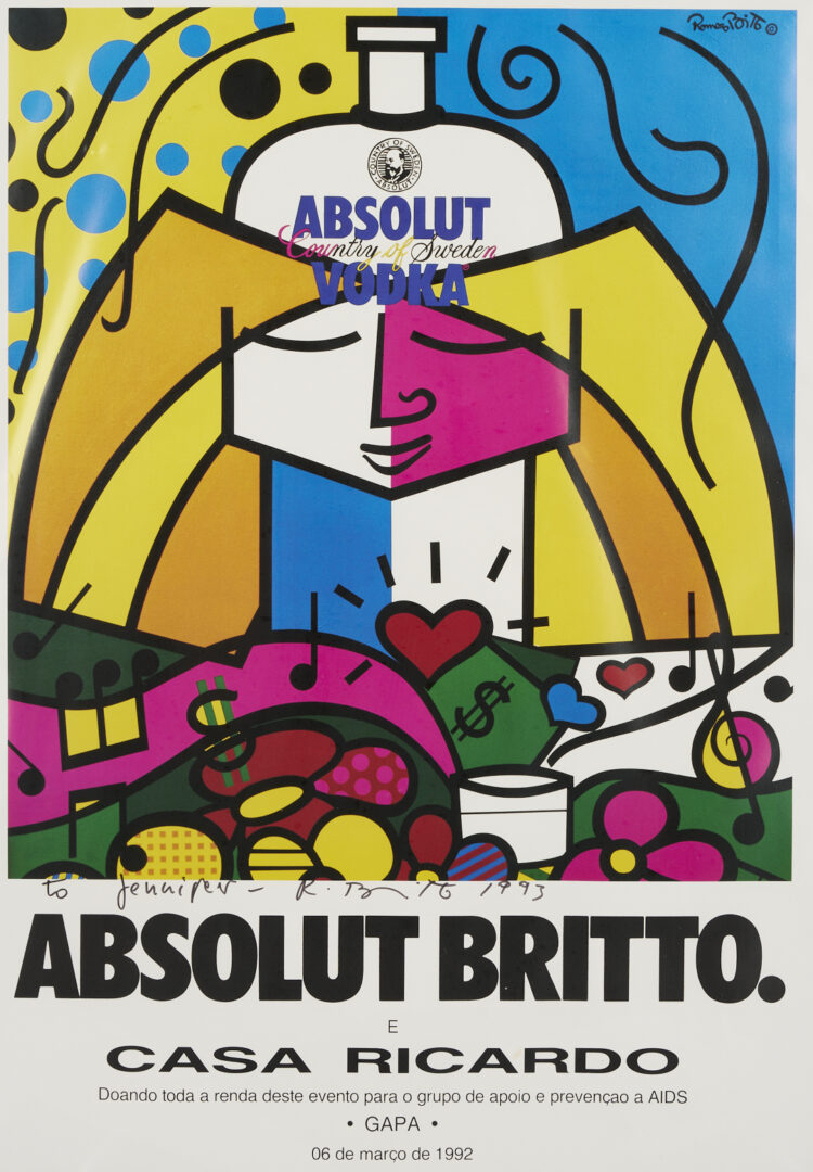 Lot 731: 3 Romero Britto Art Items: Drawing, Print and Pastel