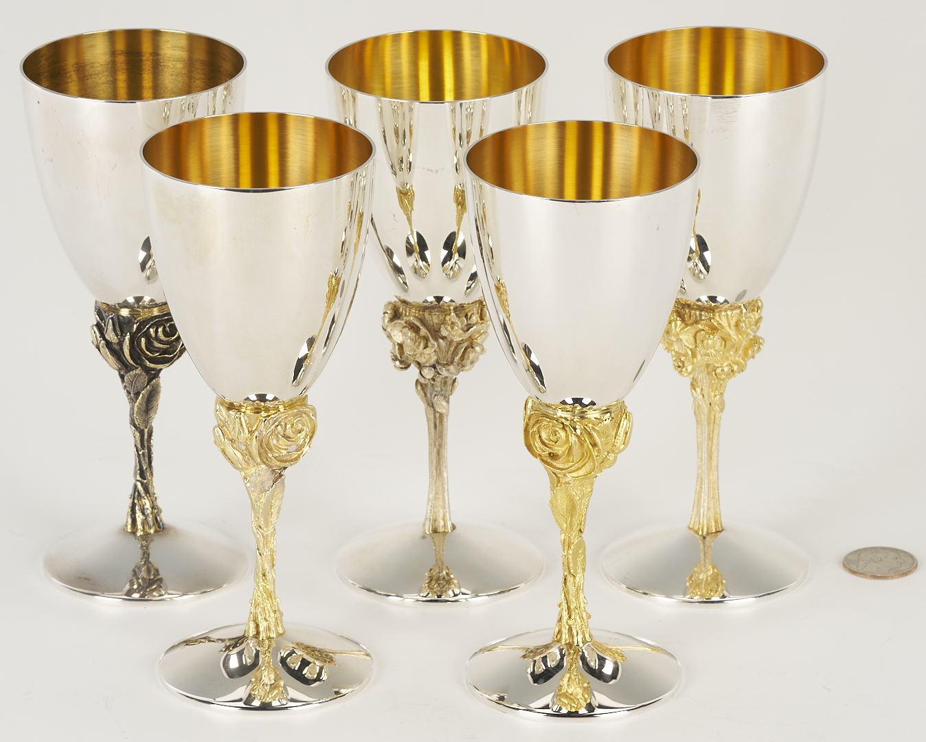 Lot 73: 5 Stuart Devlin Parcel Gilt Silver Goblets, English Rose Pattern