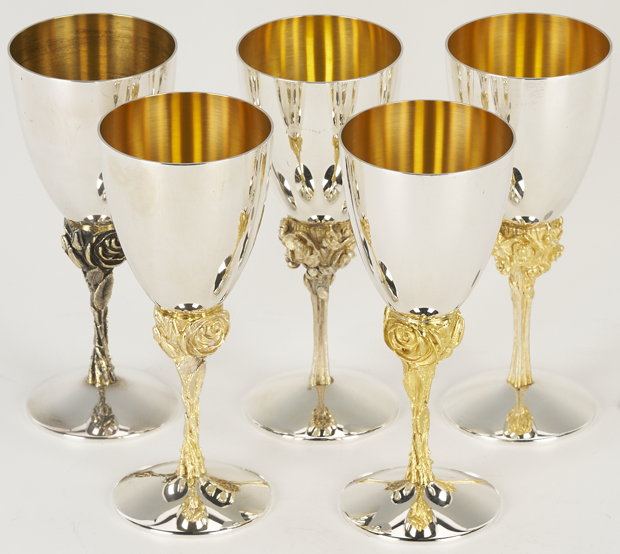 Lot 73: 5 Stuart Devlin Parcel Gilt Silver Goblets, English Rose Pattern