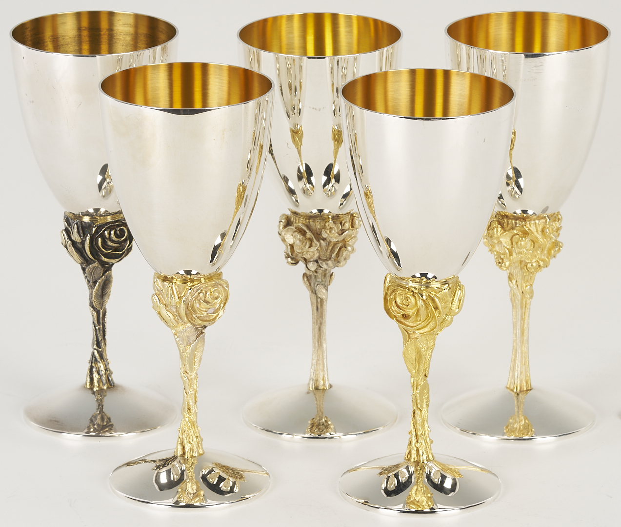 Lot 73: 5 Stuart Devlin Parcel Gilt Silver Goblets, English Rose Pattern