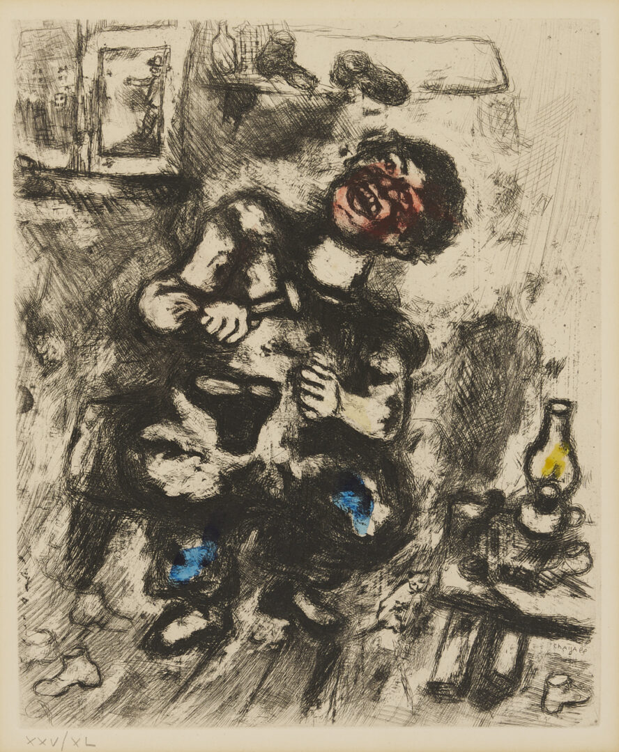 Lot 748: Marc Chagall Etching w/ Hand-Coloring, from Fables de la Fontaine, Le Savetier et le Financier