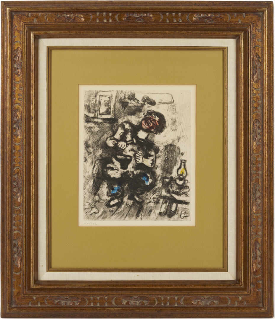 Lot 748: Marc Chagall Etching w/ Hand-Coloring, from Fables de la Fontaine, Le Savetier et le Financier
