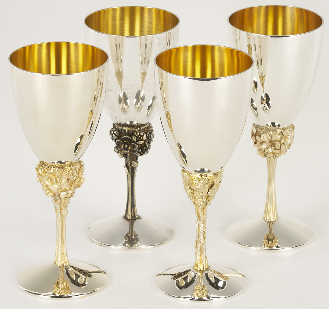 Lot 74: 4 Stuart Devlin Sterling Goblets, Grape Harbor, Dove Orchard Patterns