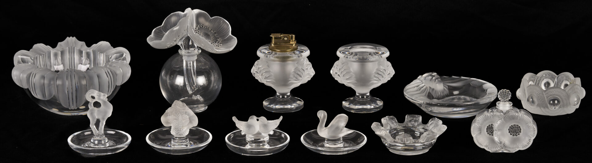 Lot 759: 12 Lalique Glass Items, incl. Pin Trays, Perfume Bottles
