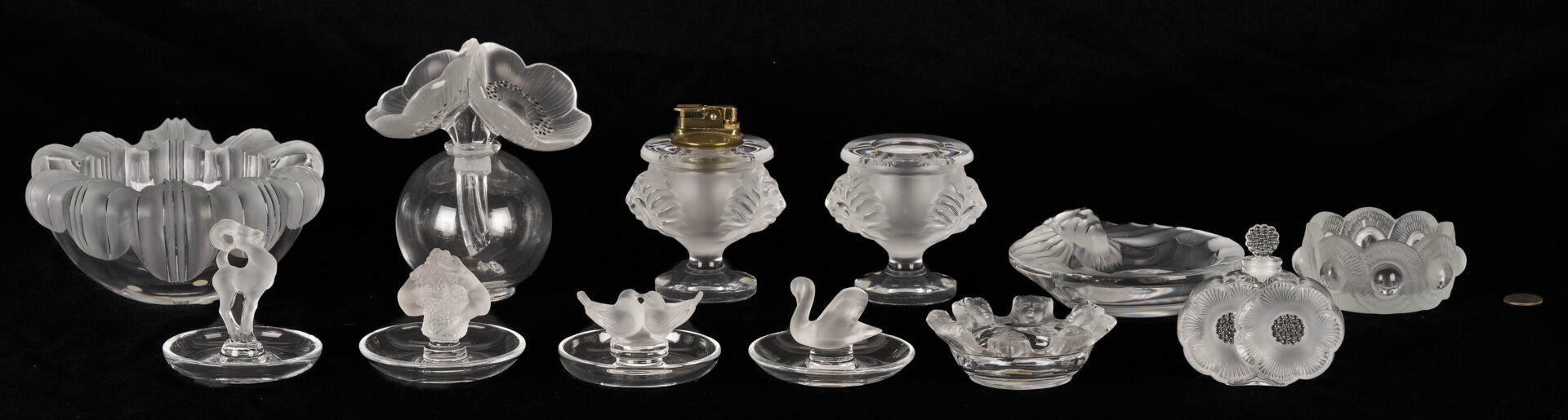 Lot 759: 12 Lalique Glass Items, incl. Pin Trays, Perfume Bottles