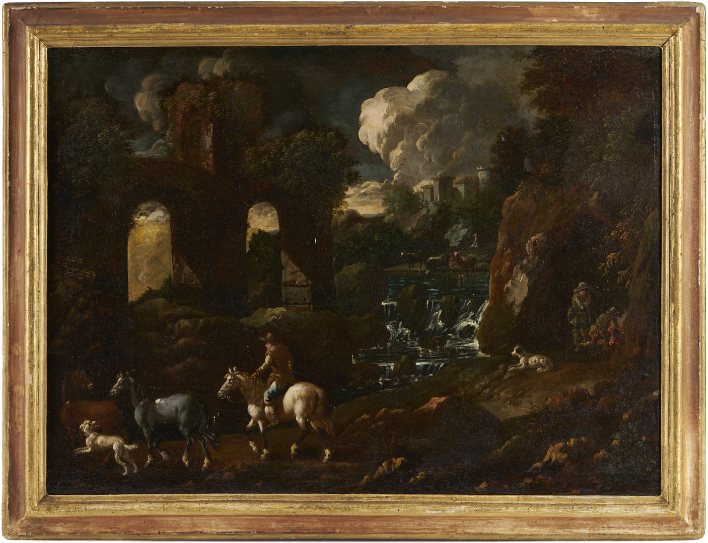 Lot 766: Continental 18th C. Landscape Painting w/ Dogs, Horses & Rider