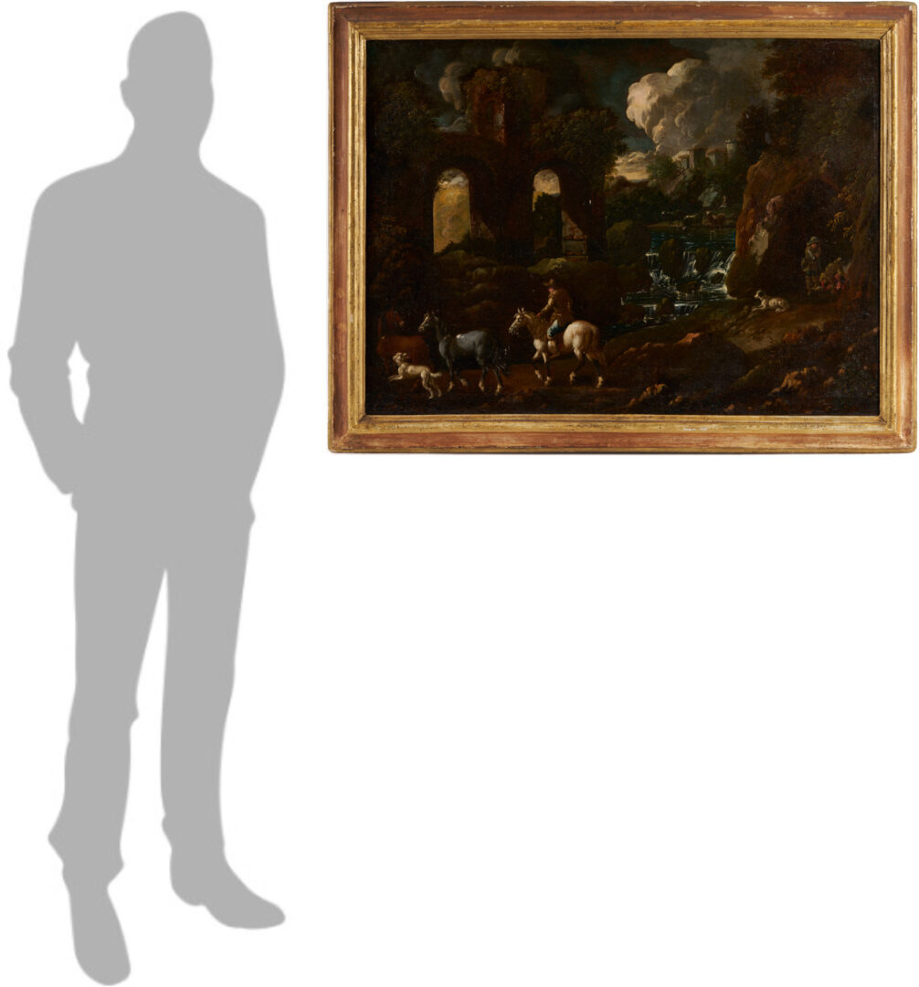 Lot 766: Continental 18th C. Landscape Painting w/ Dogs, Horses & Rider