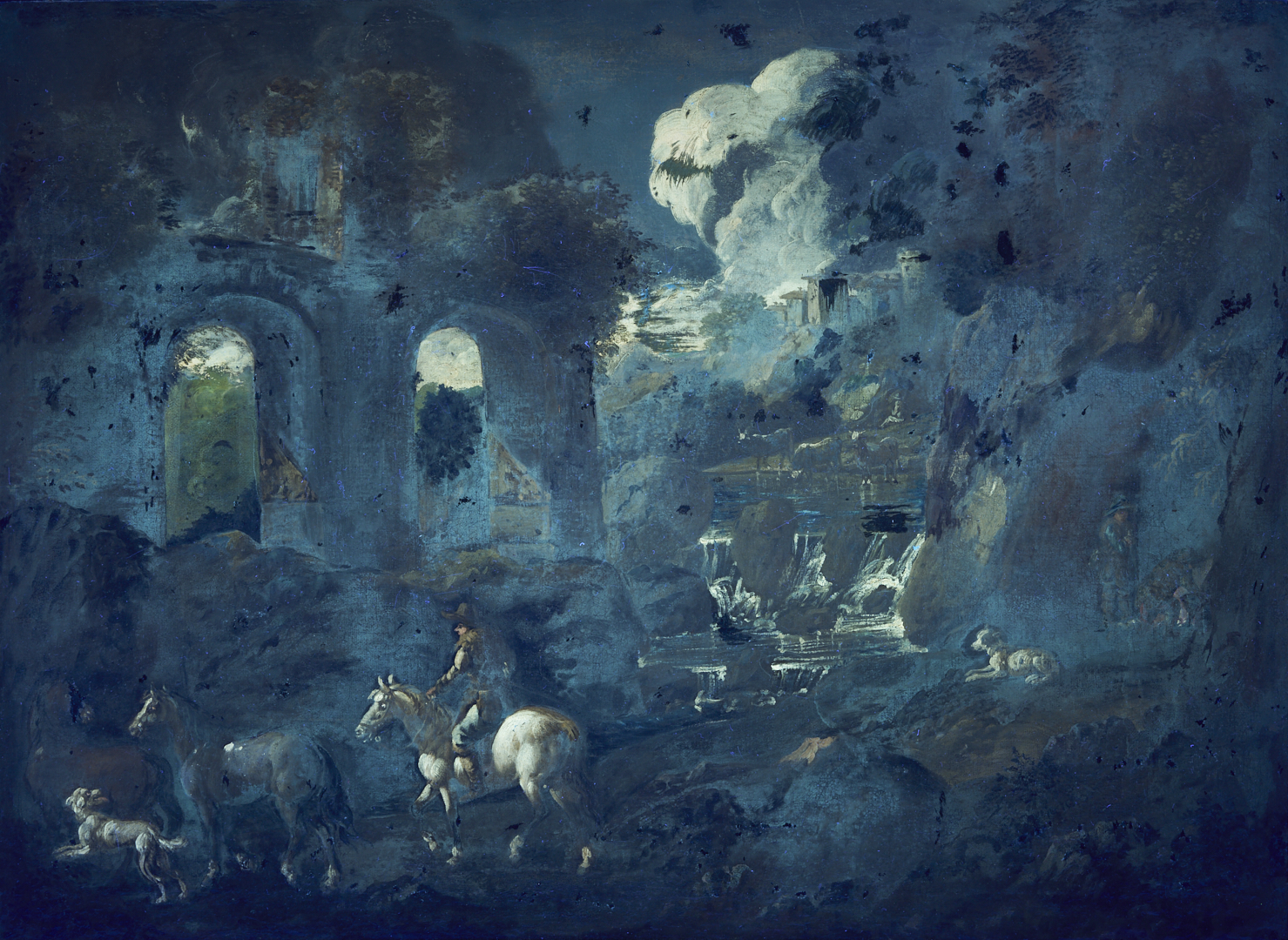 Lot 766: Continental 18th C. Landscape Painting w/ Dogs, Horses & Rider