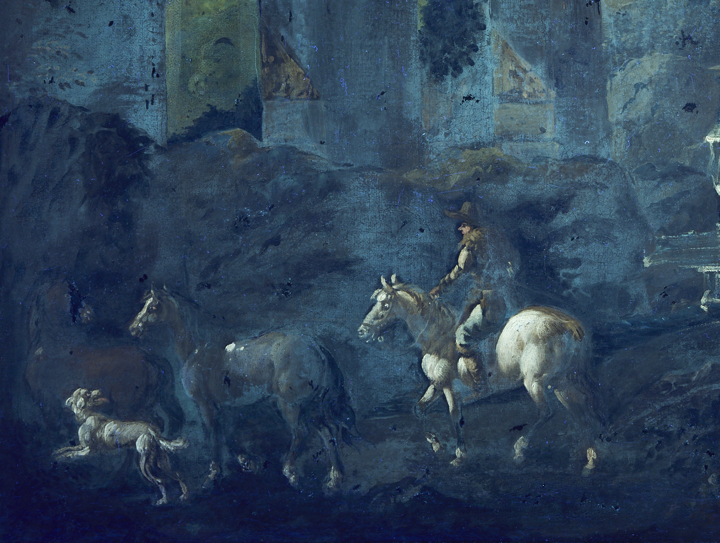 Lot 766: Continental 18th C. Landscape Painting w/ Dogs, Horses & Rider