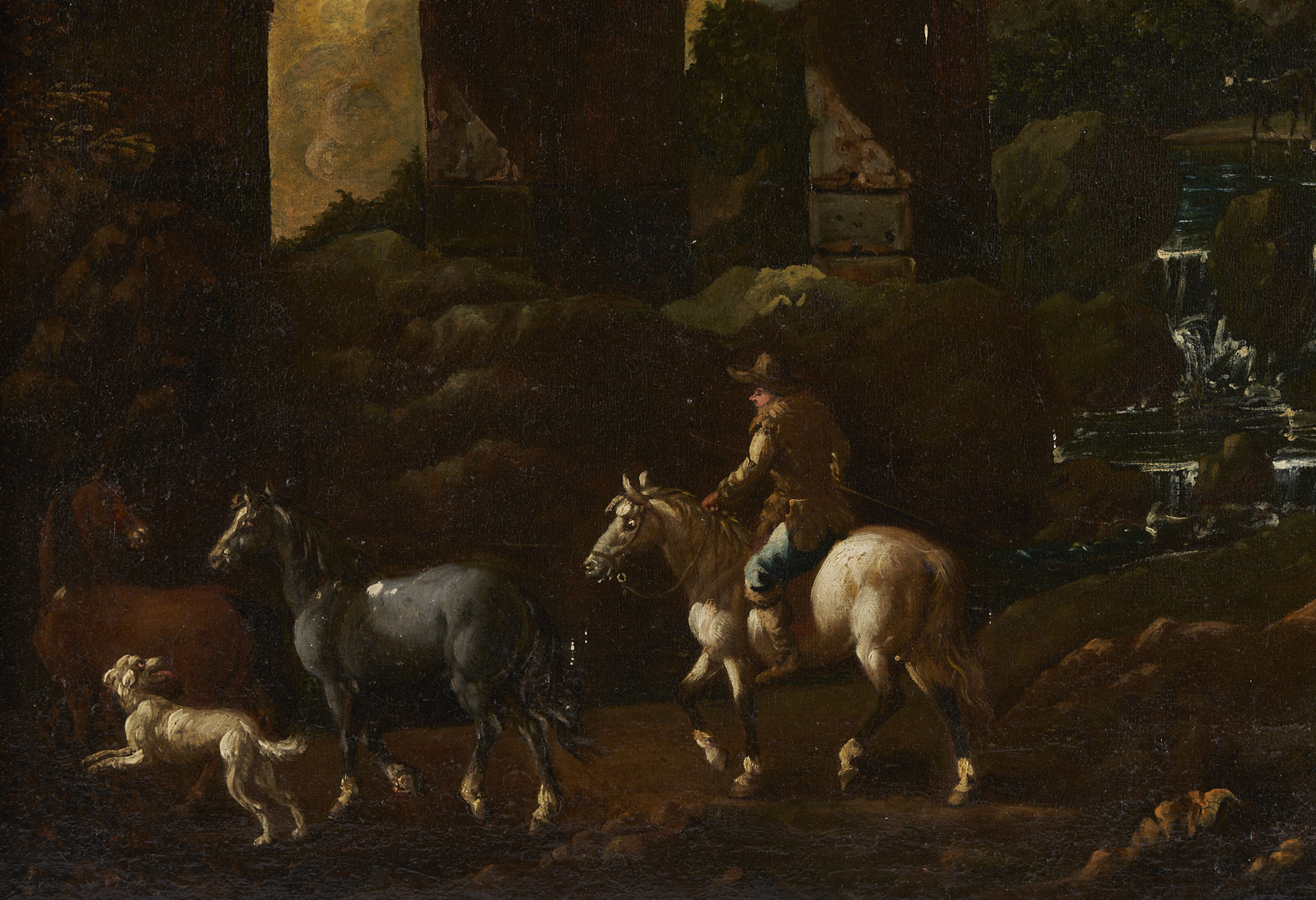 Lot 766: Continental 18th C. Landscape Painting w/ Dogs, Horses & Rider