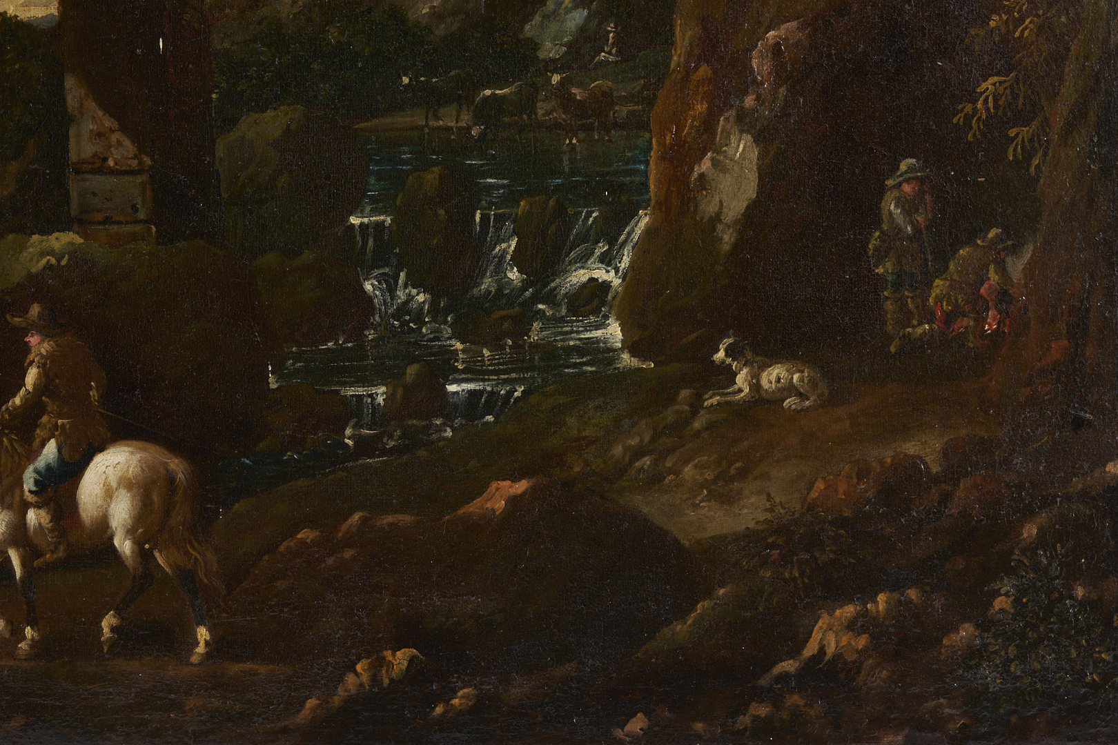 Lot 766: Continental 18th C. Landscape Painting w/ Dogs, Horses & Rider