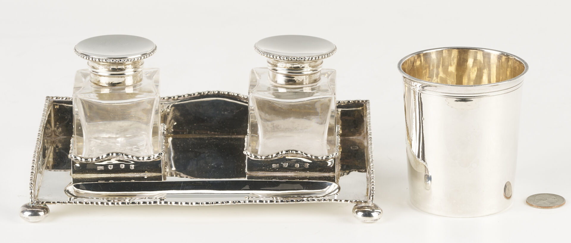 Lot 76: Scottish Sterling Inkstand & French Sterling Beaker