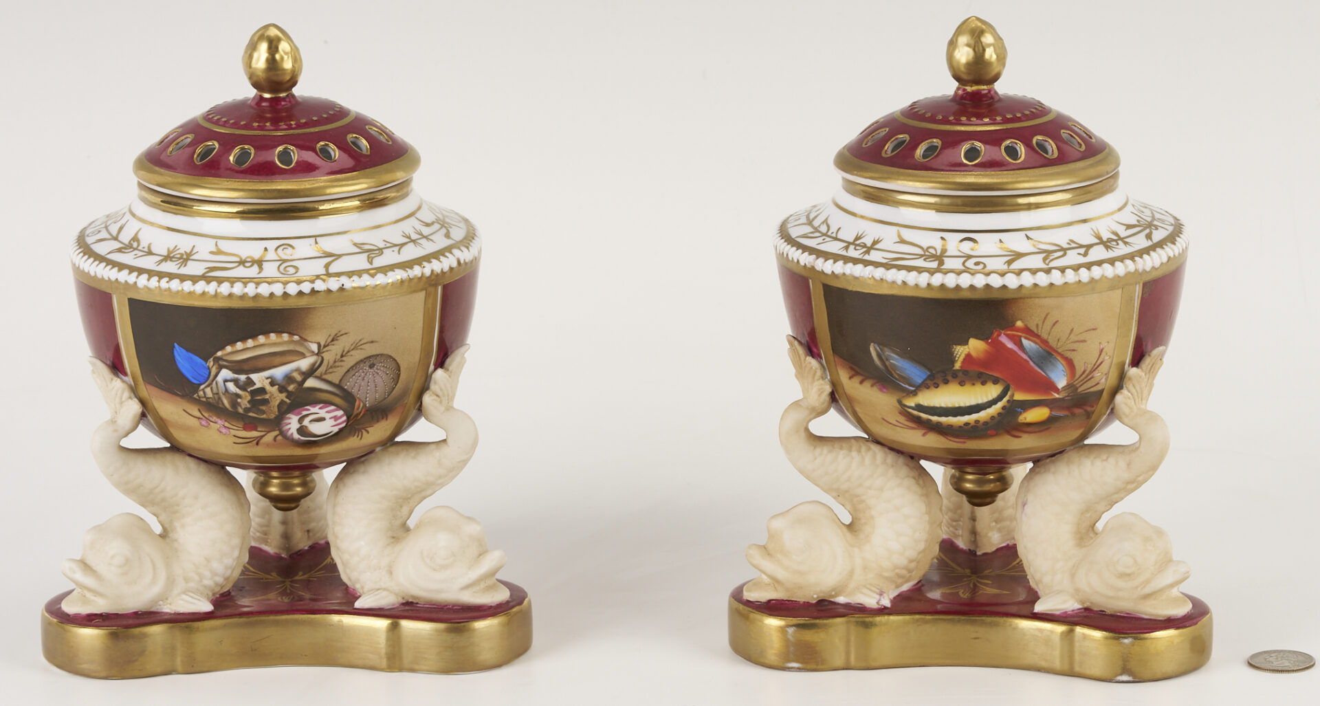 Lot 785: Pr. of Continental Porcelain Potpourri Pots, Dolphin Fish Base
