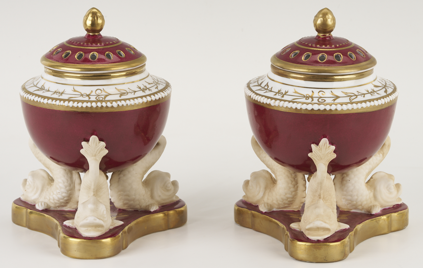 Lot 785: Pr. of Continental Porcelain Potpourri Pots, Dolphin Fish Base