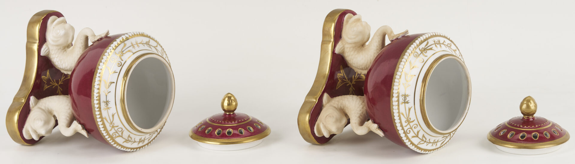Lot 785: Pr. of Continental Porcelain Potpourri Pots, Dolphin Fish Base