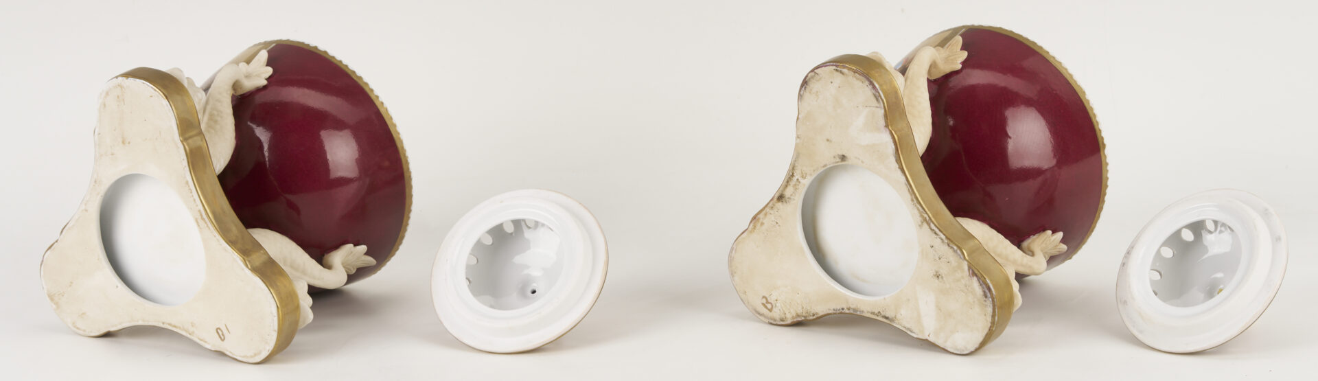 Lot 785: Pr. of Continental Porcelain Potpourri Pots, Dolphin Fish Base