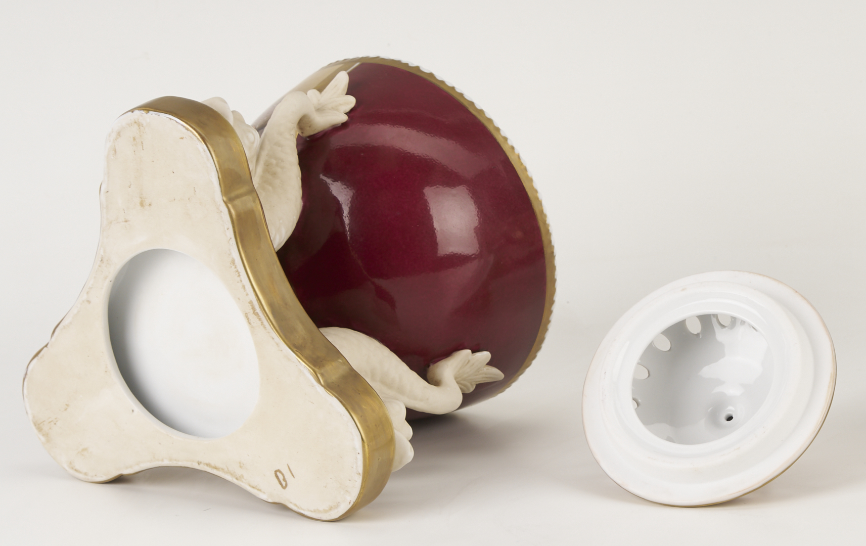 Lot 785: Pr. of Continental Porcelain Potpourri Pots, Dolphin Fish Base