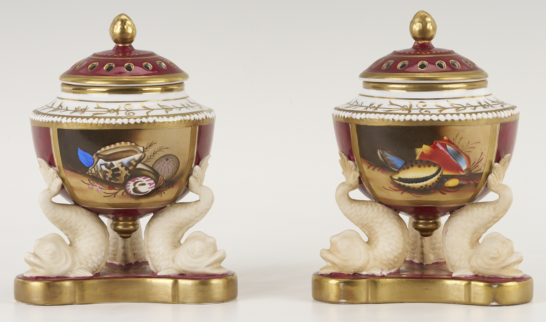Lot 785: Pr. of Continental Porcelain Potpourri Pots, Dolphin Fish Base