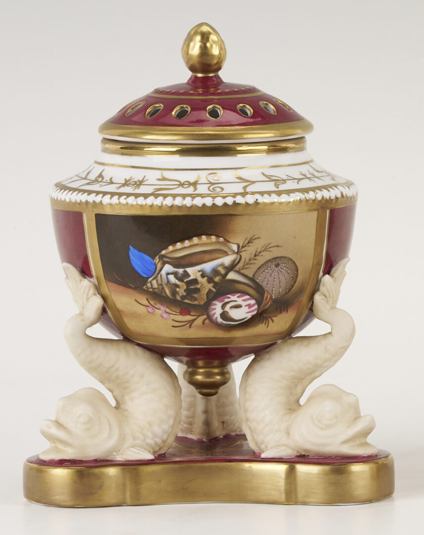 Lot 785: Pr. of Continental Porcelain Potpourri Pots, Dolphin Fish Base