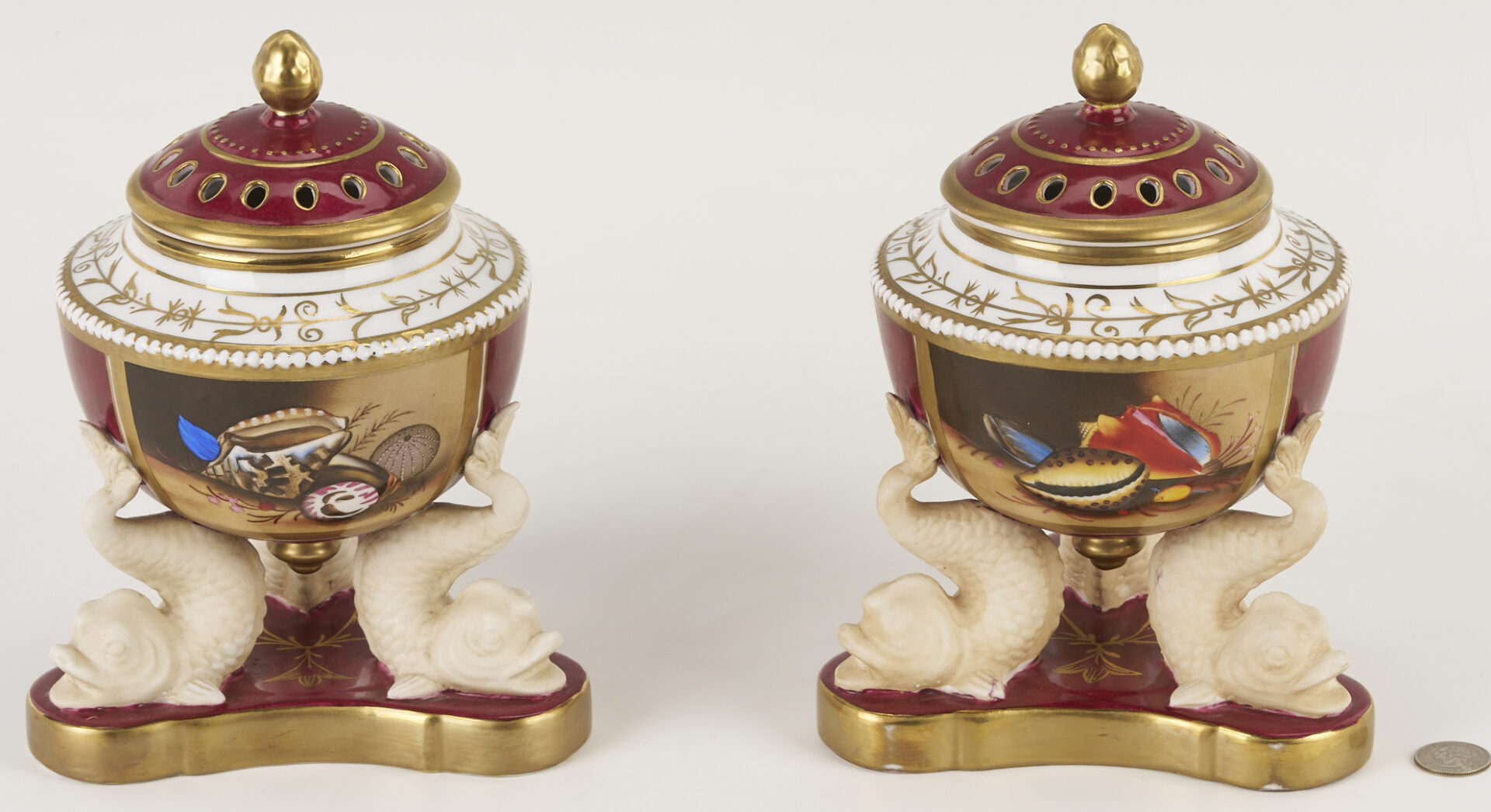 Lot 785: Pr. of Continental Porcelain Potpourri Pots, Dolphin Fish Base