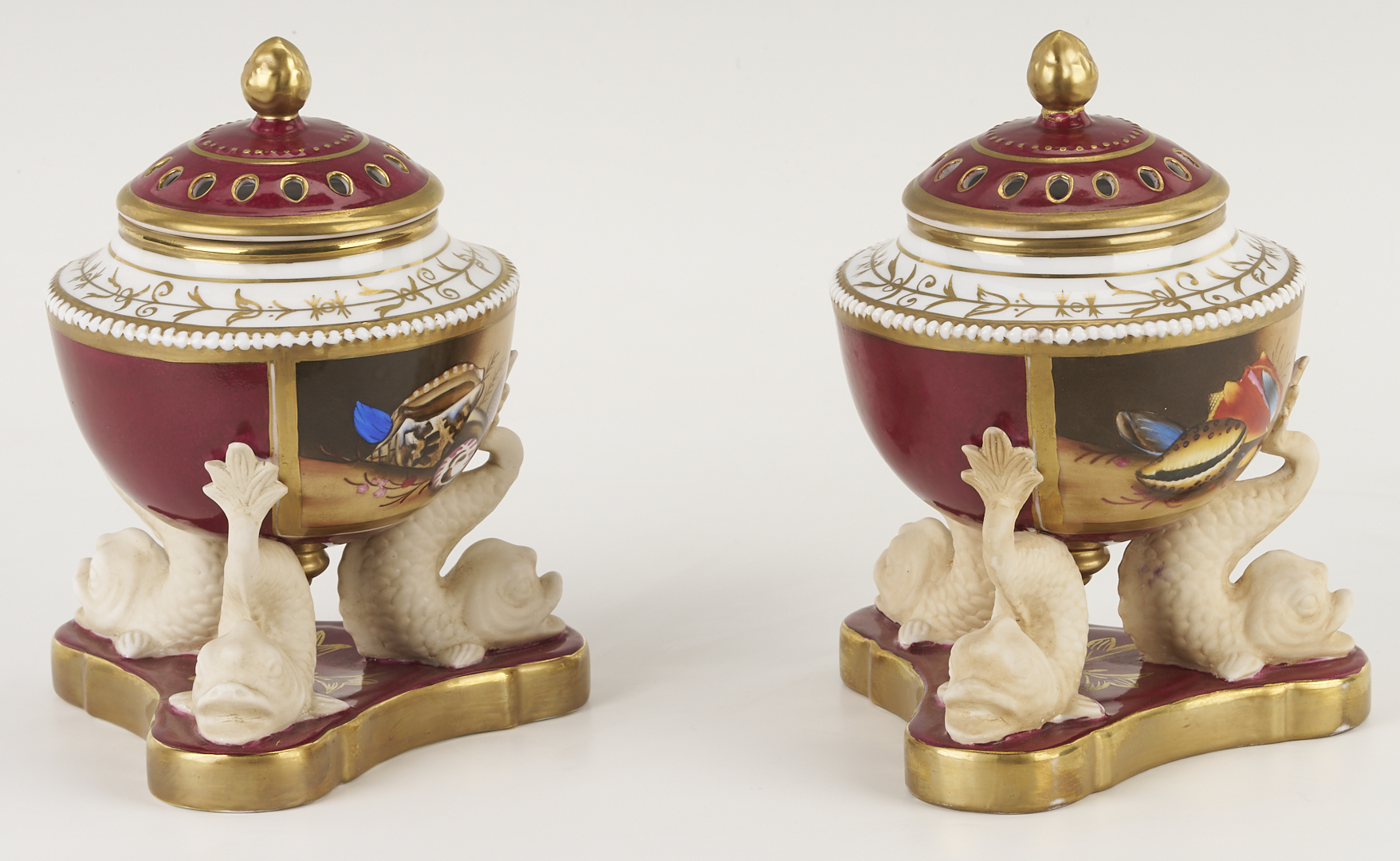 Lot 785: Pr. of Continental Porcelain Potpourri Pots, Dolphin Fish Base