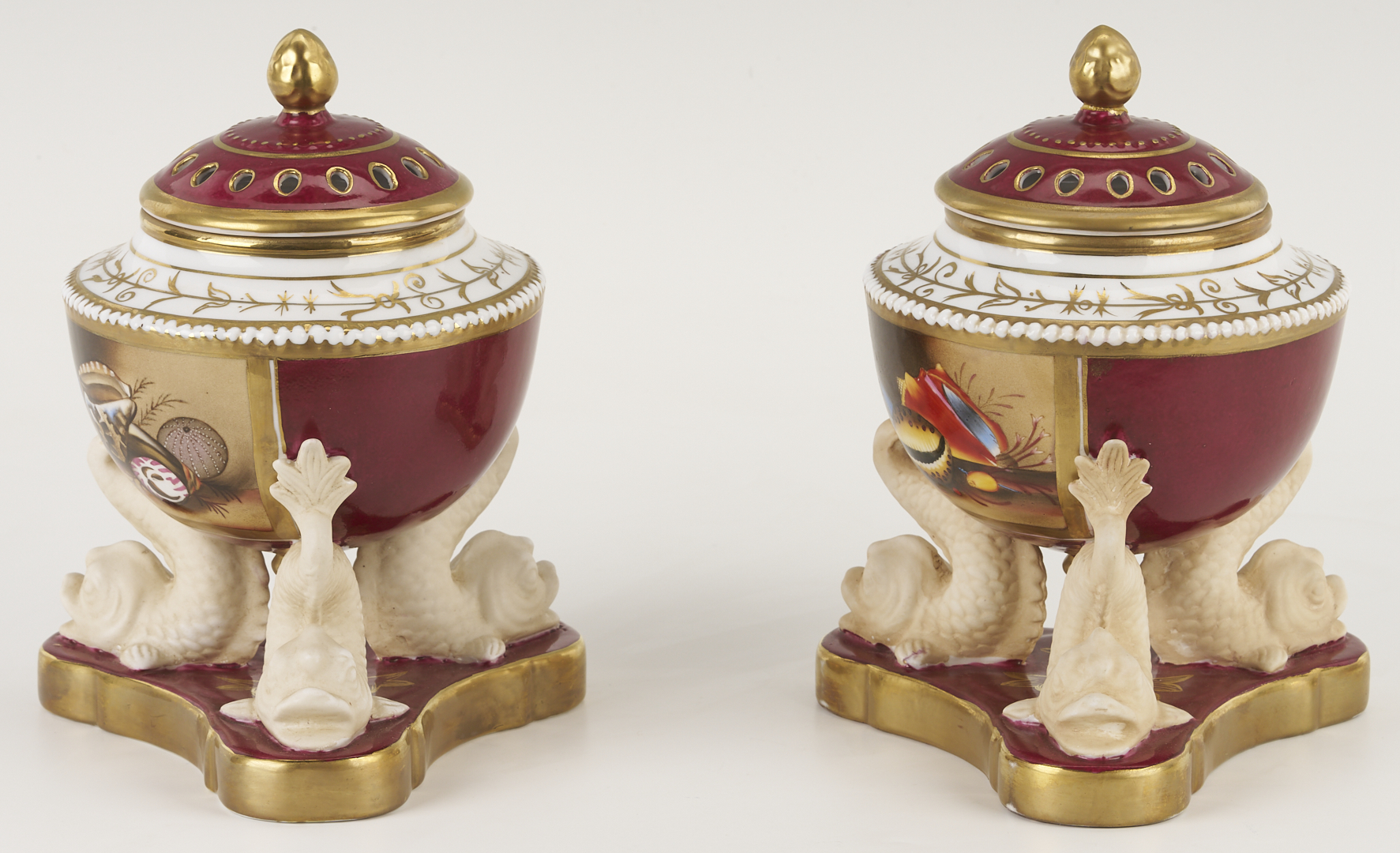 Lot 785: Pr. of Continental Porcelain Potpourri Pots, Dolphin Fish Base