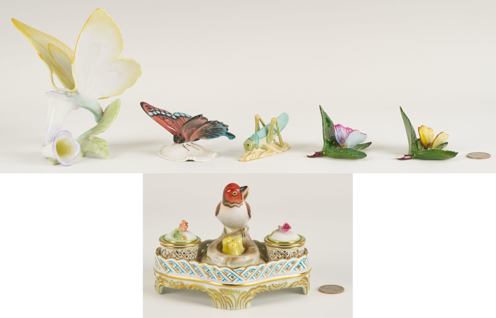 Lot 790: 4 Herend Porcelain & 1 Rosenthal Porcelain Insect Figures, incl. Butterflies