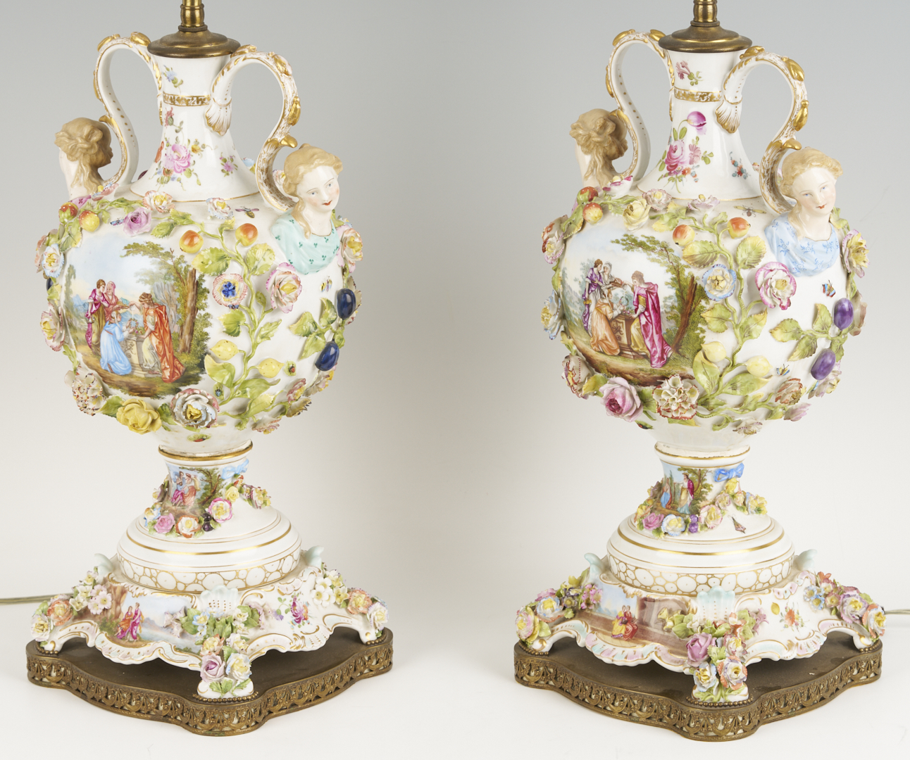 Lot 791: Pair of German Dresden-Style Potpourri Urn Lamps