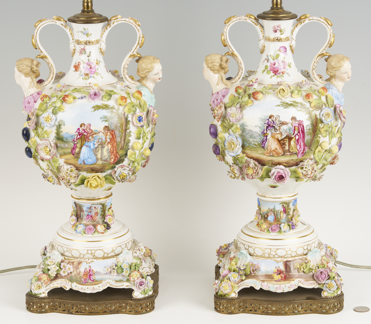 Lot 791: Pair of German Dresden-Style Potpourri Urn Lamps