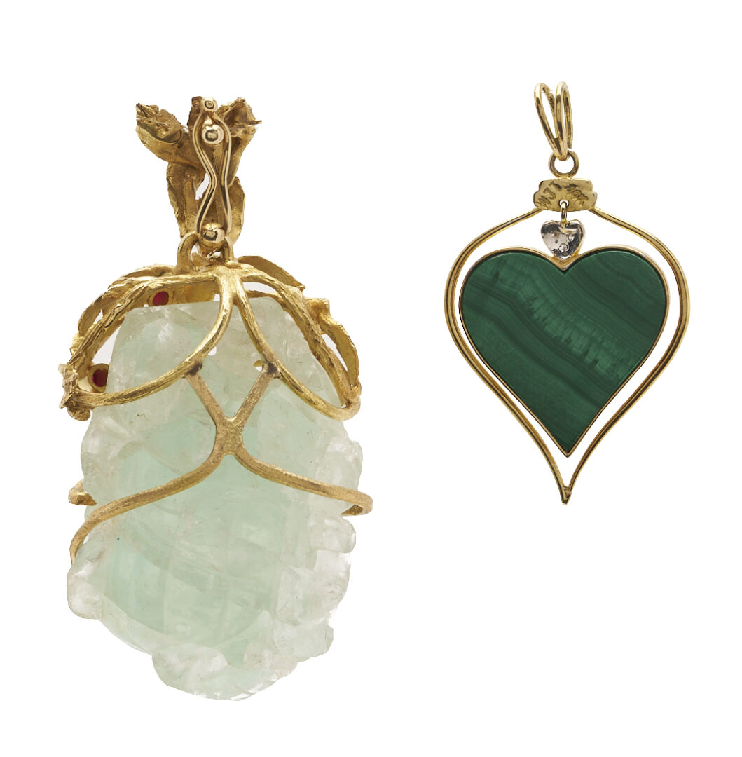 Lot 797: 2 Gold & Gemstone Pendants – 1 Floral & 1 Heart
