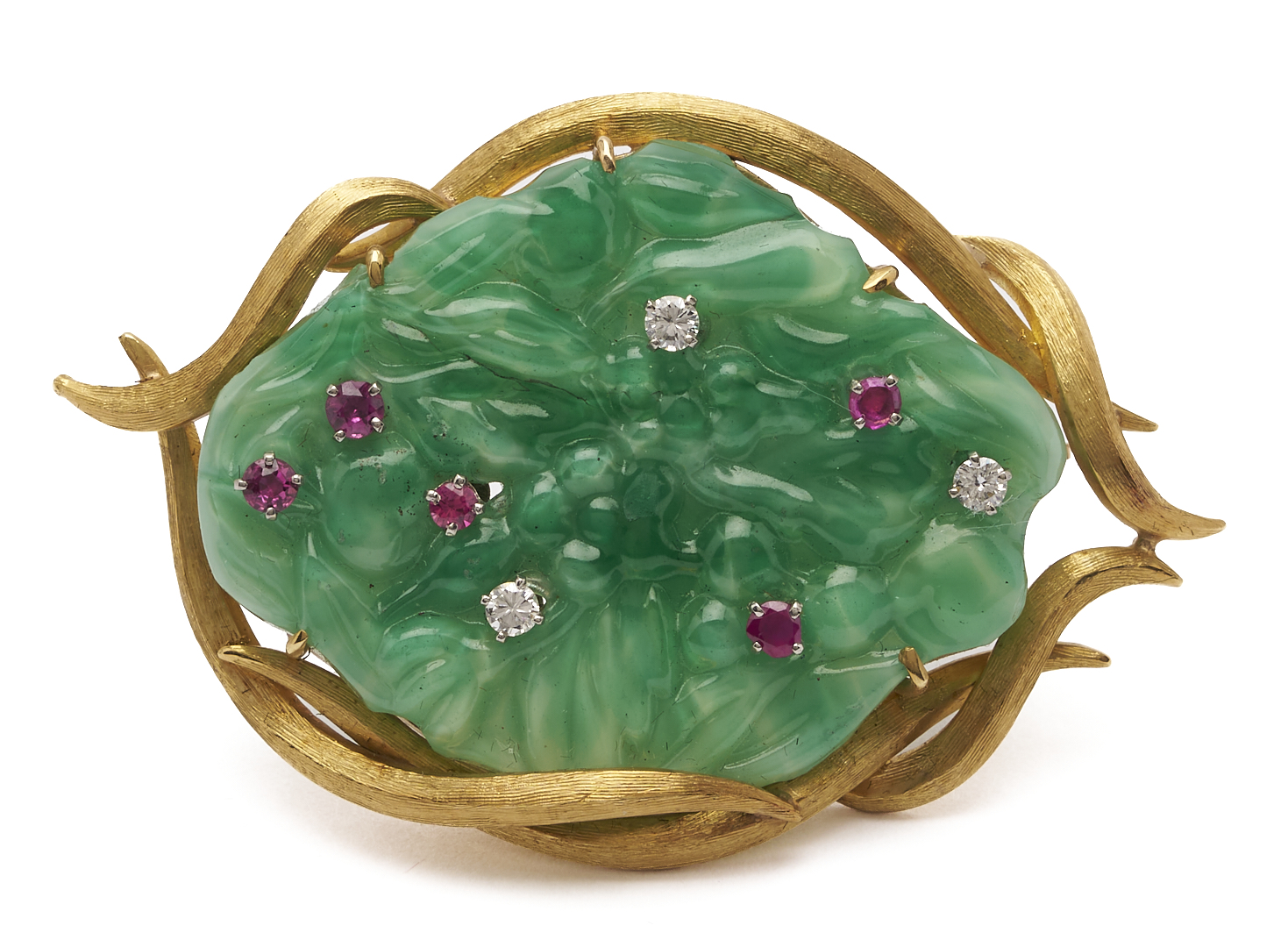 Lot 802: 18K Gold, Jade, Ruby, & Diamond Brooch