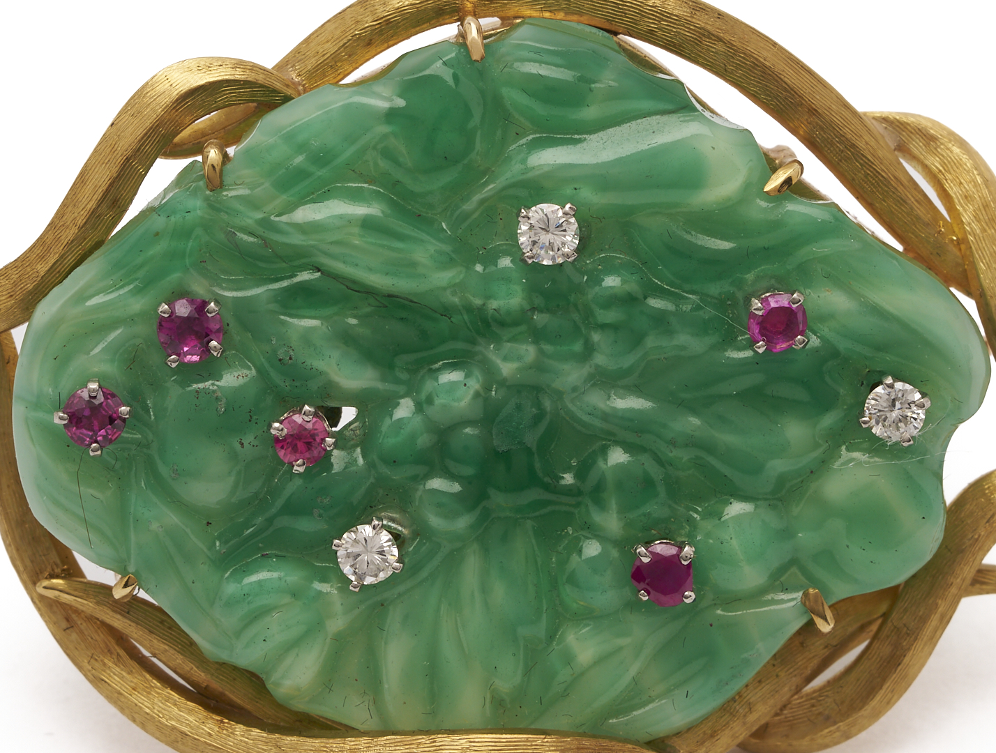 Lot 802: 18K Gold, Jade, Ruby, & Diamond Brooch