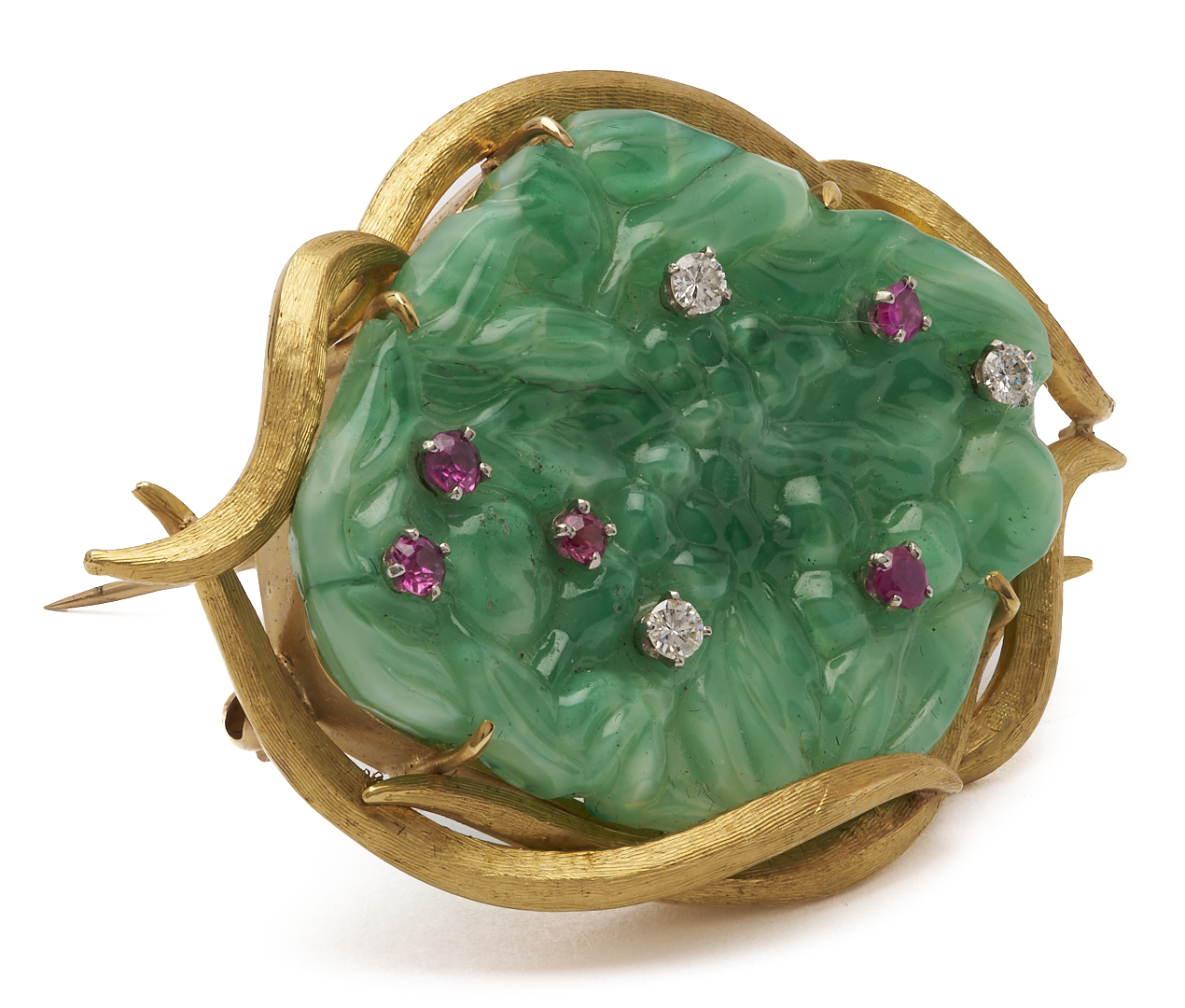 Lot 802: 18K Gold, Jade, Ruby, & Diamond Brooch