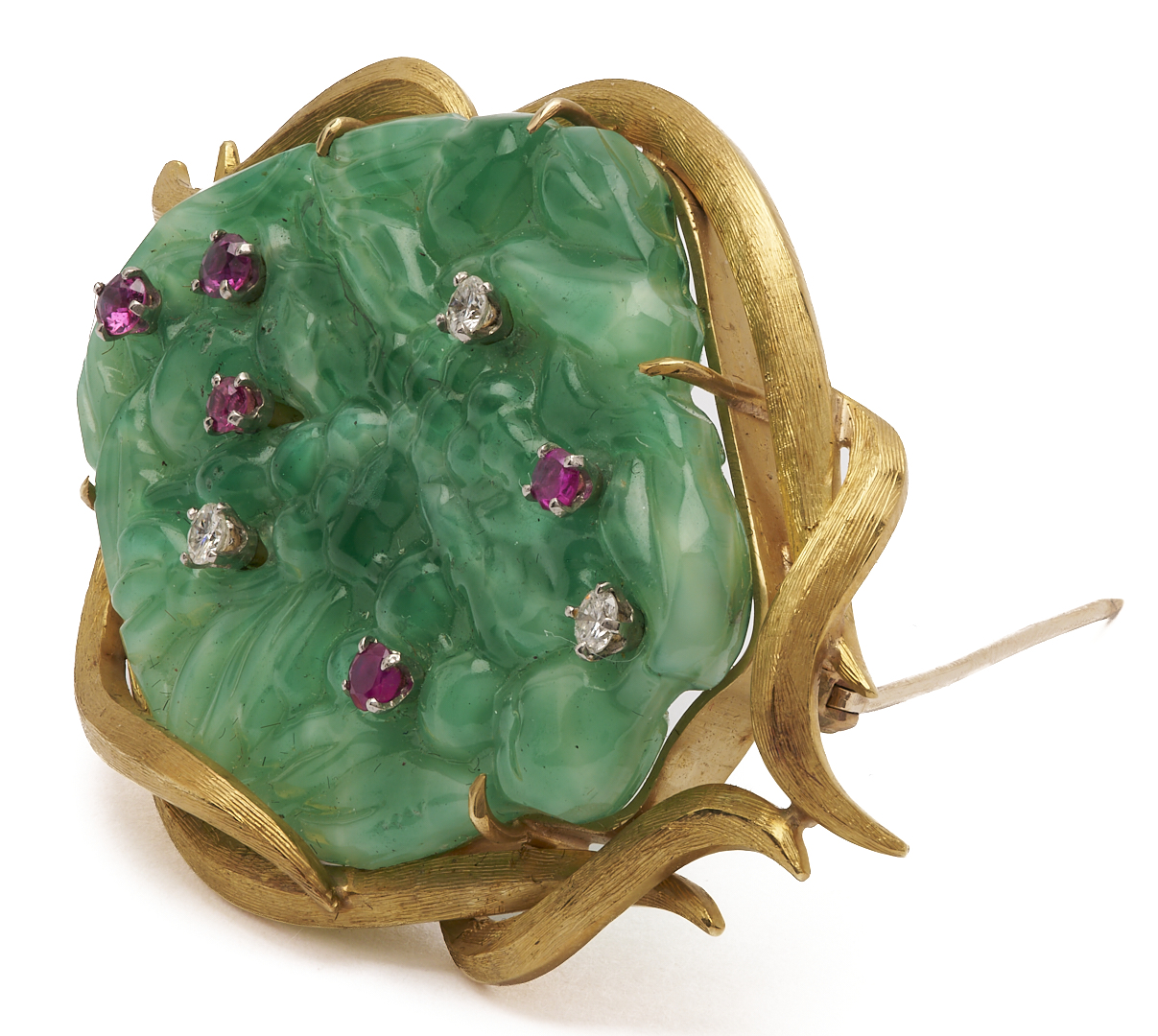 Lot 802: 18K Gold, Jade, Ruby, & Diamond Brooch