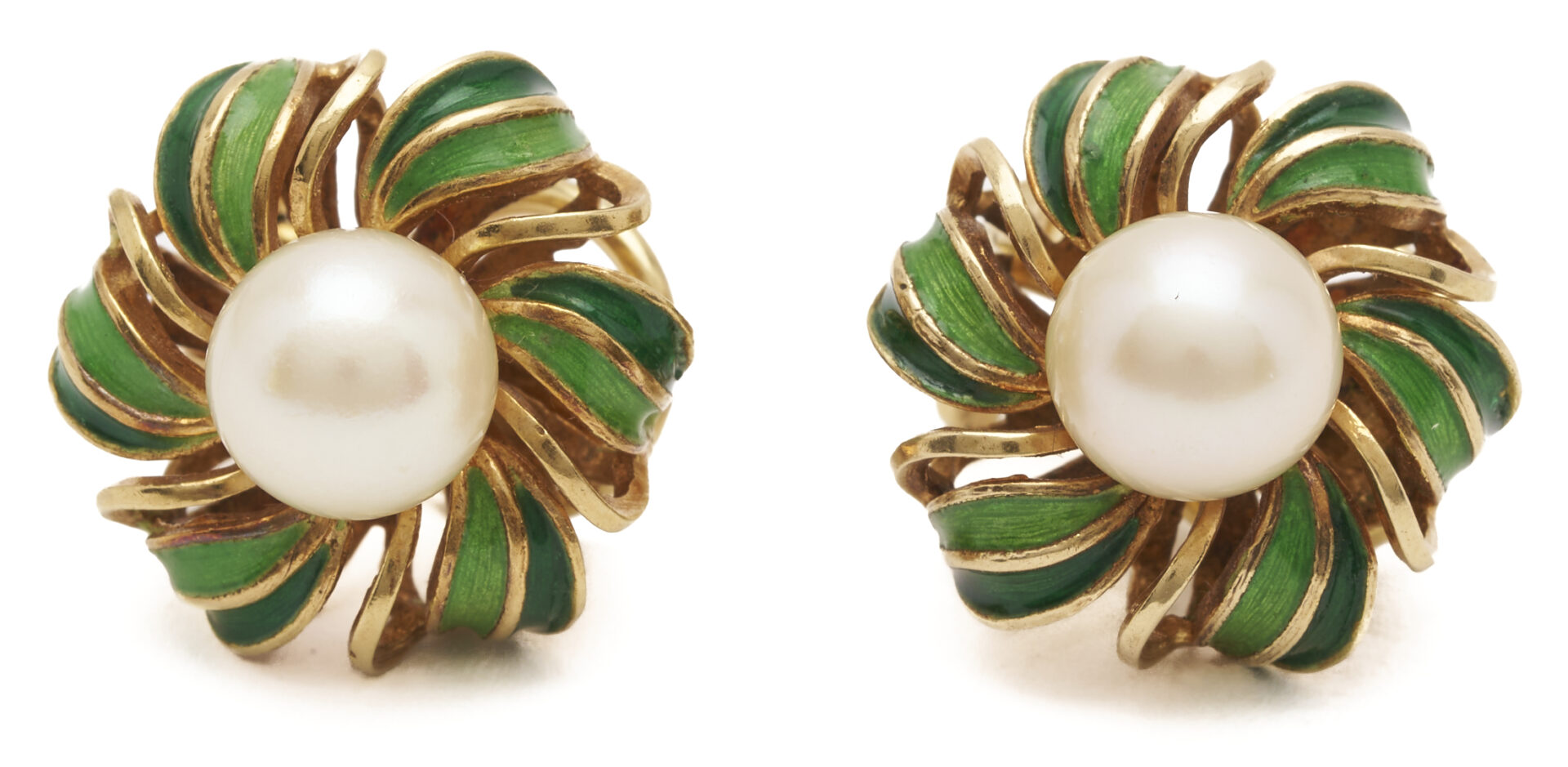 Lot 815: 18K Gold, Pearl, & Enamel Clip back Earrings