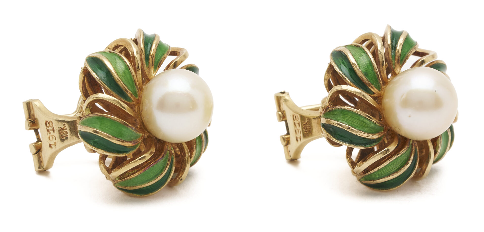 Lot 815: 18K Gold, Pearl, & Enamel Clip back Earrings
