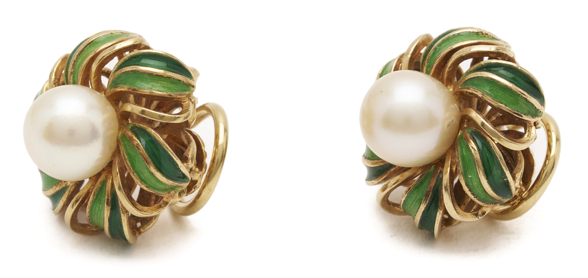 Lot 815: 18K Gold, Pearl, & Enamel Clip back Earrings