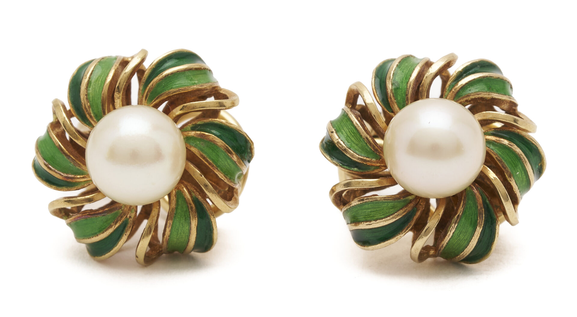 Lot 815: 18K Gold, Pearl, & Enamel Clip back Earrings
