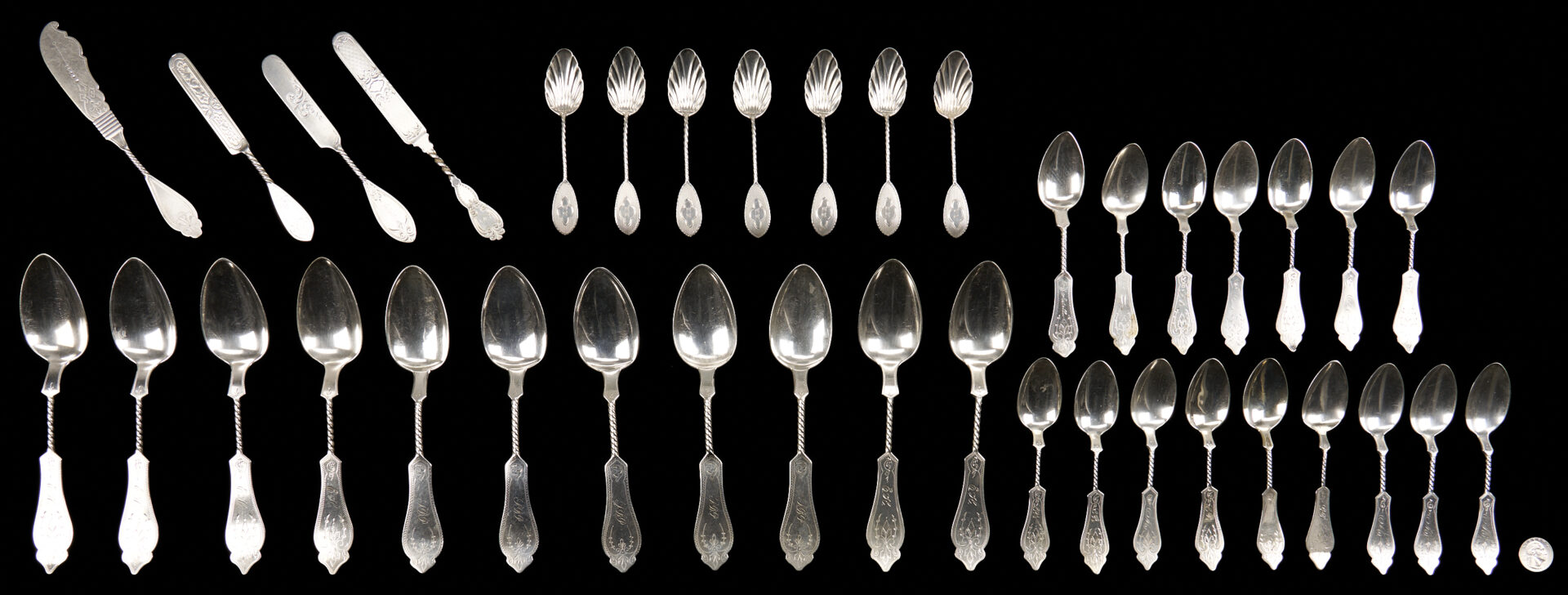 Lot 81: 37 pcs. Twist Handle Flatware, Coin Silver and Sterling