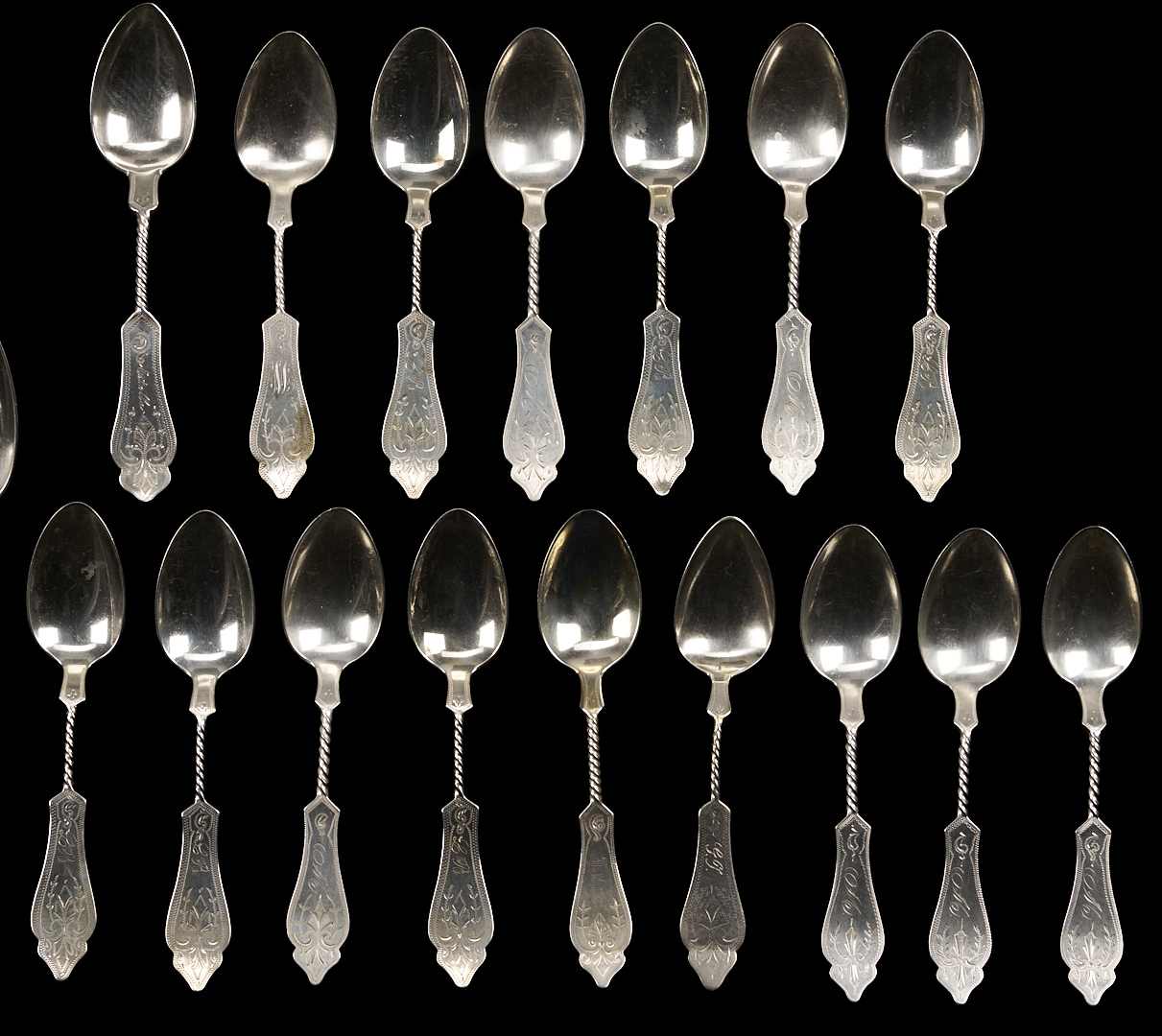 Lot 81: 37 pcs. Twist Handle Flatware, Coin Silver and Sterling