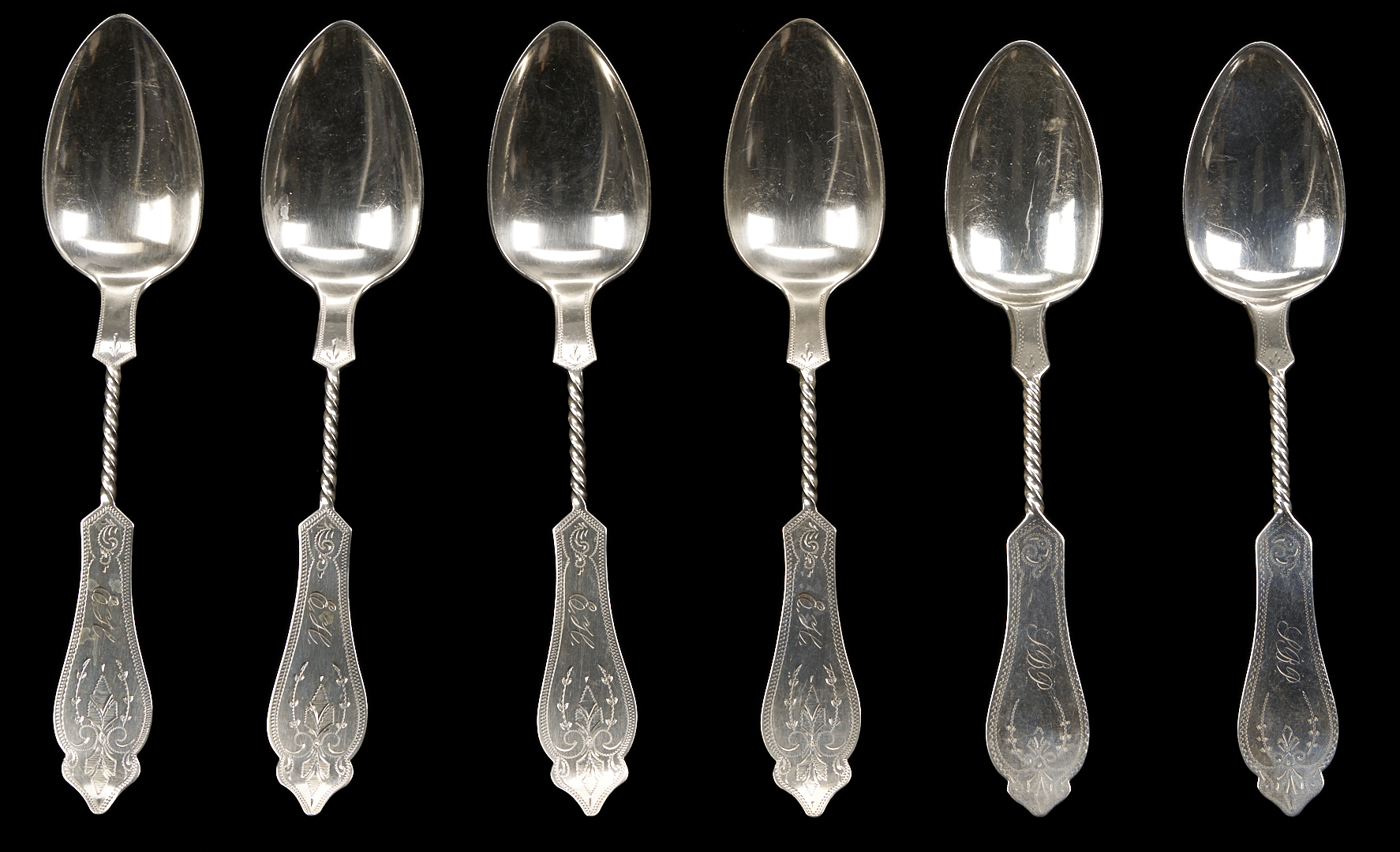 Lot 81: 37 pcs. Twist Handle Flatware, Coin Silver and Sterling