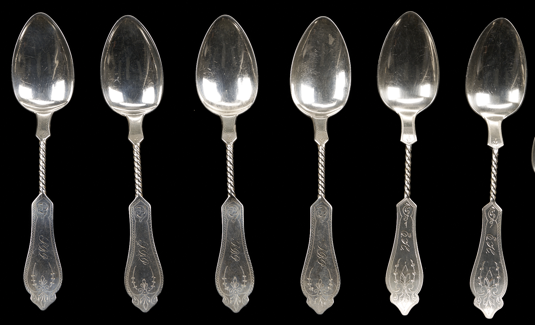 Lot 81: 37 pcs. Twist Handle Flatware, Coin Silver and Sterling
