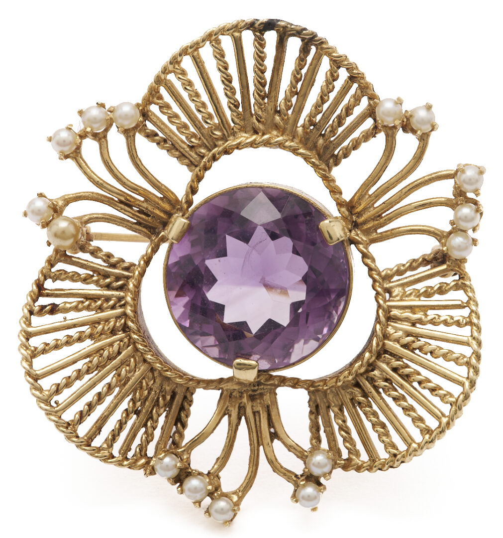 Lot 820: 14K Gold, Amethyst, & Pearl Brooch