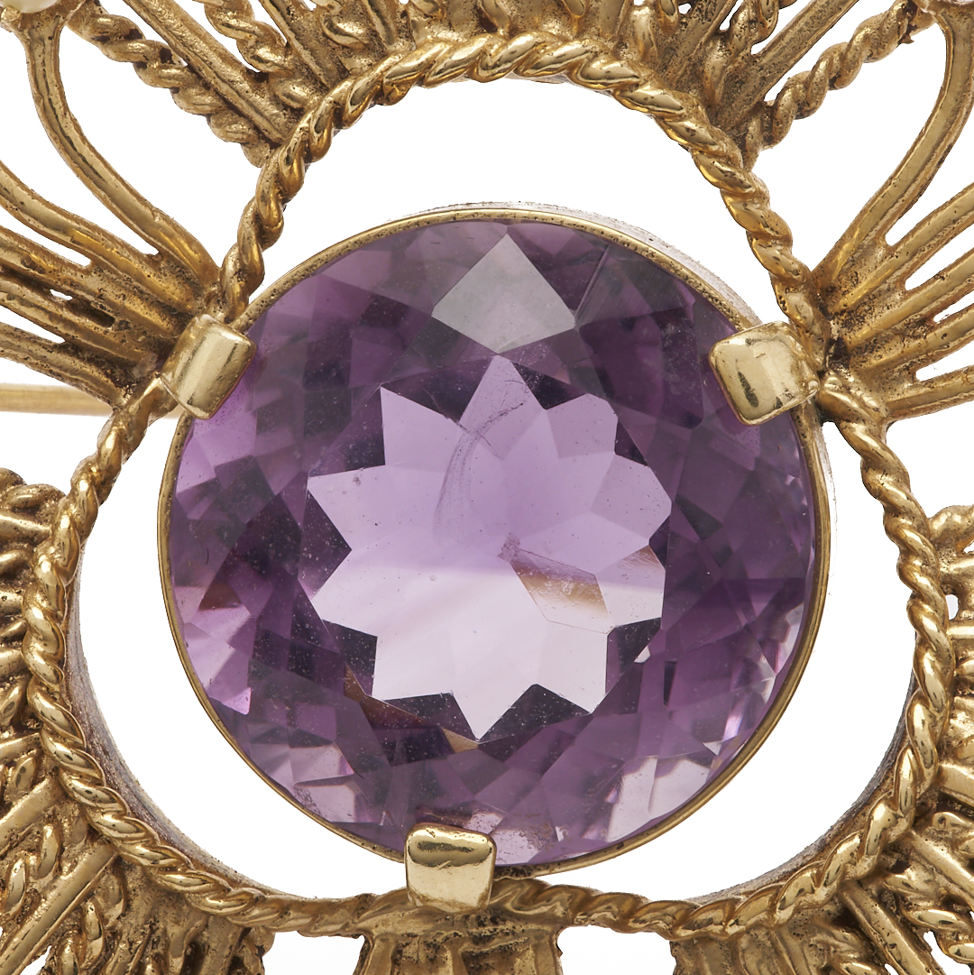 Lot 820: 14K Gold, Amethyst, & Pearl Brooch