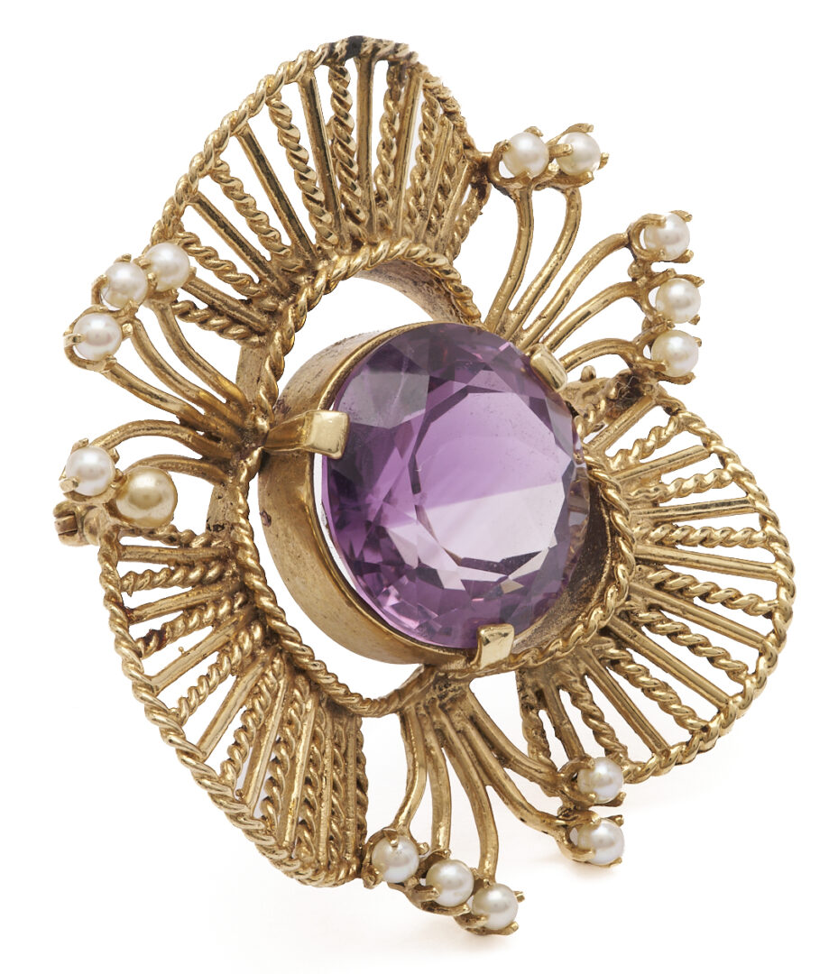 Lot 820: 14K Gold, Amethyst, & Pearl Brooch
