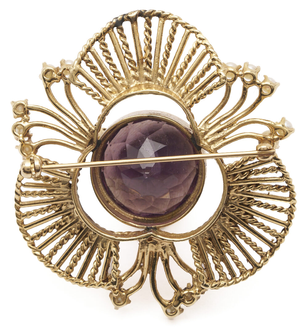Lot 820: 14K Gold, Amethyst, & Pearl Brooch