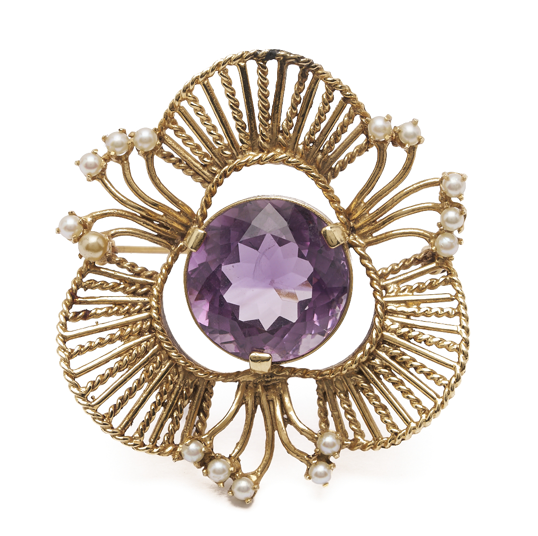 Lot 820: 14K Gold, Amethyst, & Pearl Brooch